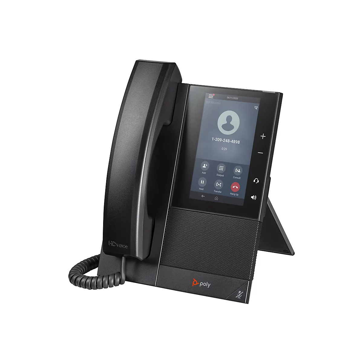 Schwarzes IP-Telefon mit Touchscreen. Auf dem Bildschirm sind eine Anrufinformation, Plus- und Minustasten sowie Softkeys zu sehen.