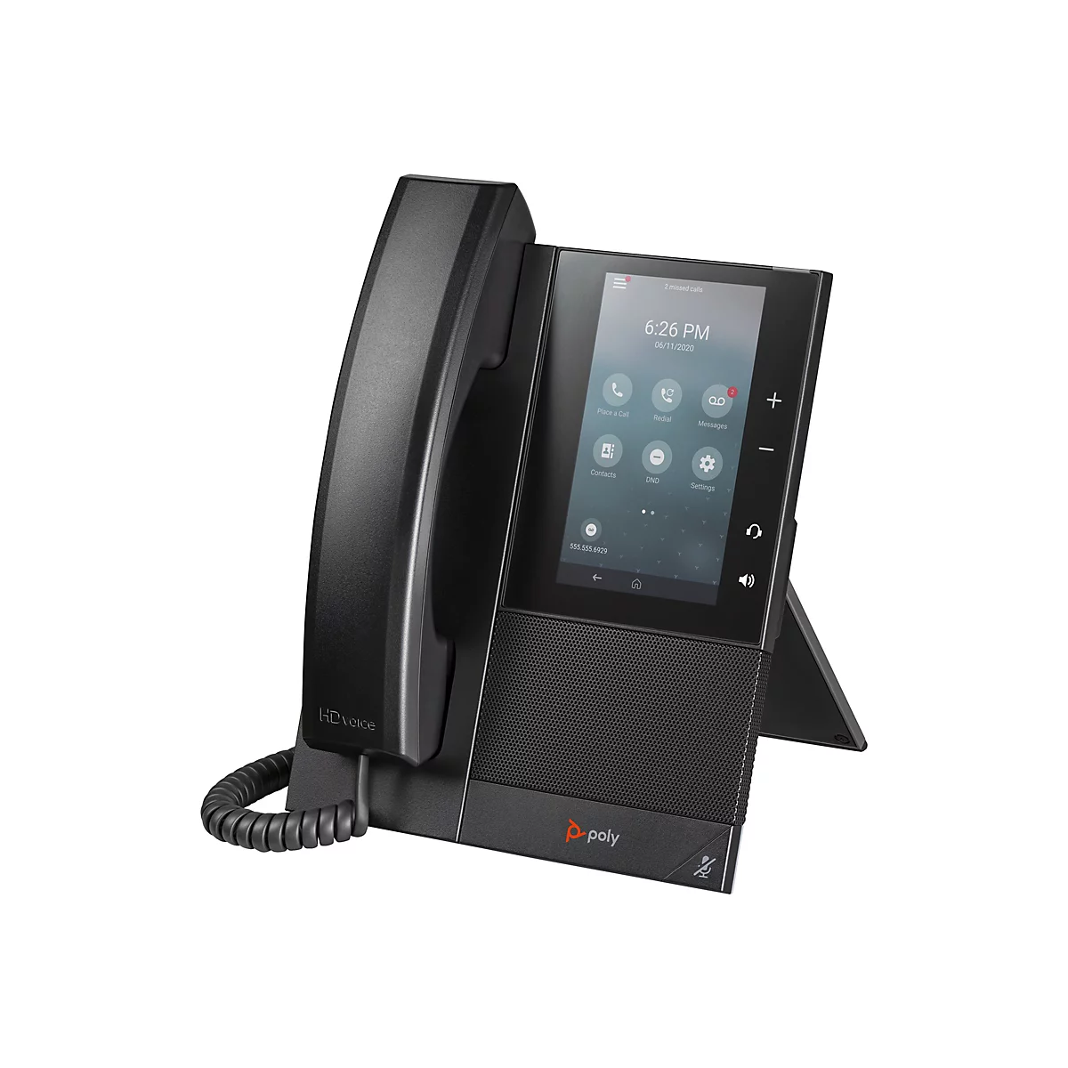 Schwarzes IP-Telefon mit Touchscreen, Uhrzeit und Anrufoptionen. Auf dem Bildschirm: 2 verpasste Anrufe.