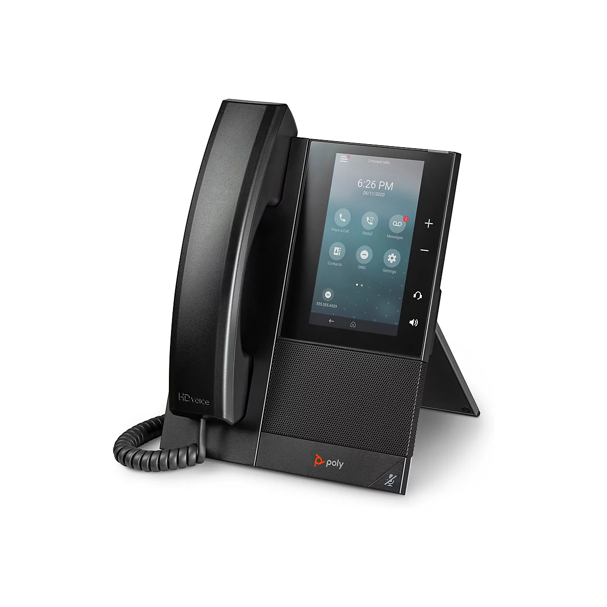 Ein schwarzes Tischtelefon mit großem Touchscreen. Das Display zeigt Uhrzeit, Datum und Menüpunkte. Der Hörer ist links platziert.