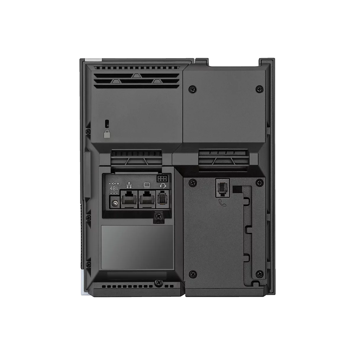 Rückseite eines schwarzen elektronischen Geräts mit verschiedenen Anschlüssen und Lüftungsschlitzen. Einzelheiten umfassen RJ45, USB, 48V-Eingang und Telefonanschluss.