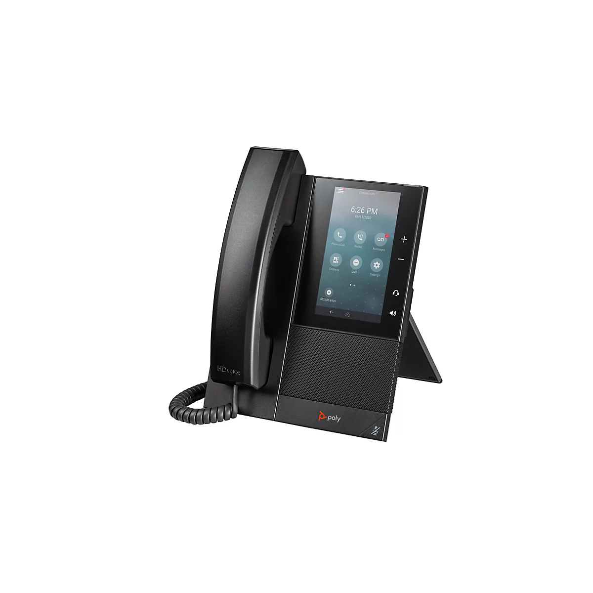Ein schwarzes IP-Telefon mit Touchscreen, auf dem Uhrzeit und Datum angezeigt werden.