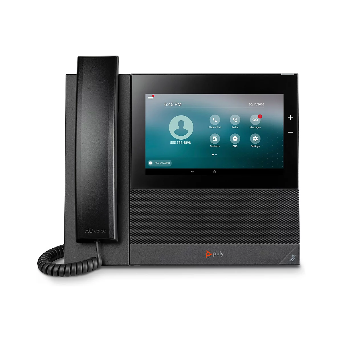 Ein schwarzes Tischtelefon mit einem Touchscreen, auf dem ein Anrufbildschirm mit verschiedenen Optionen wie Wählen, Nachrichten und Einstellungen angezeigt wird.