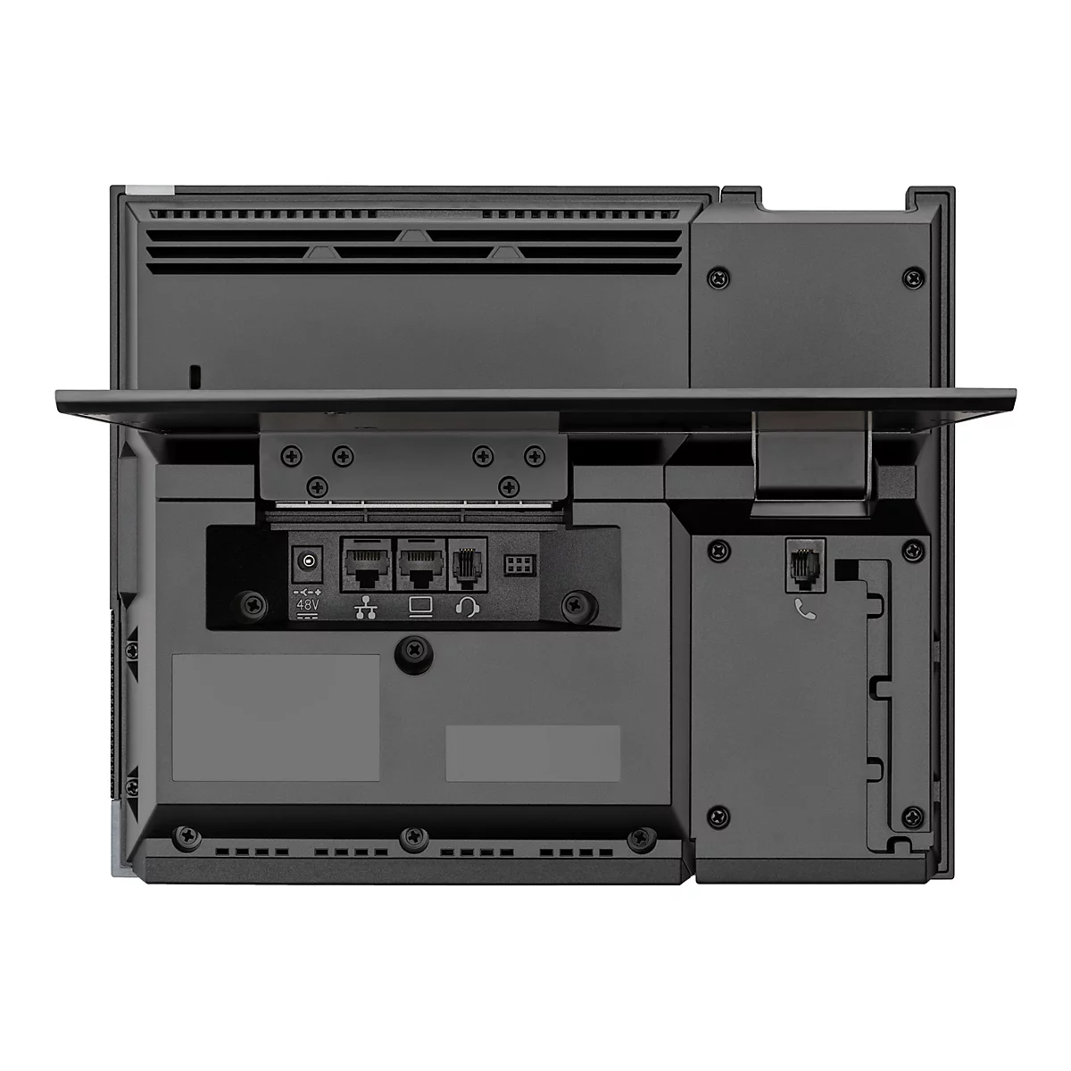 Detailaufnahme der Rückseite eines schwarzen Kommunikationsgeräts mit Anschlüssen und Knöpfen. Der Fokus liegt auf den Anschlüssen für Strom, Ethernet und Headset.