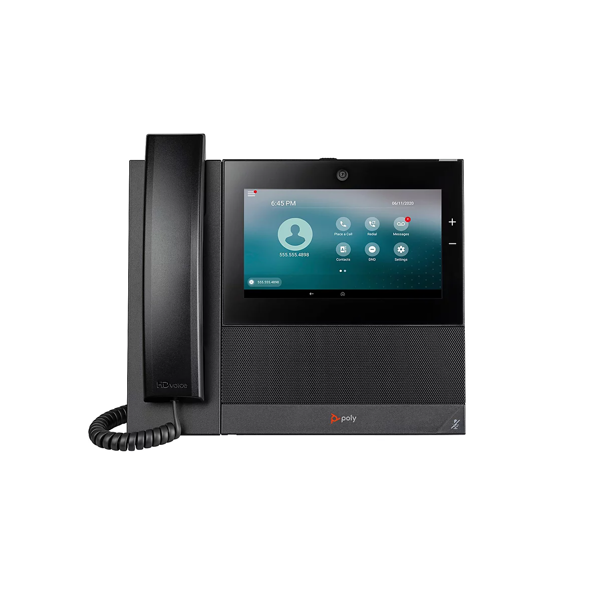 Ein schwarzes Tischtelefon mit einem Touchscreen, auf dem ein Anrufbildschirm mit verschiedenen Optionen angezeigt wird.