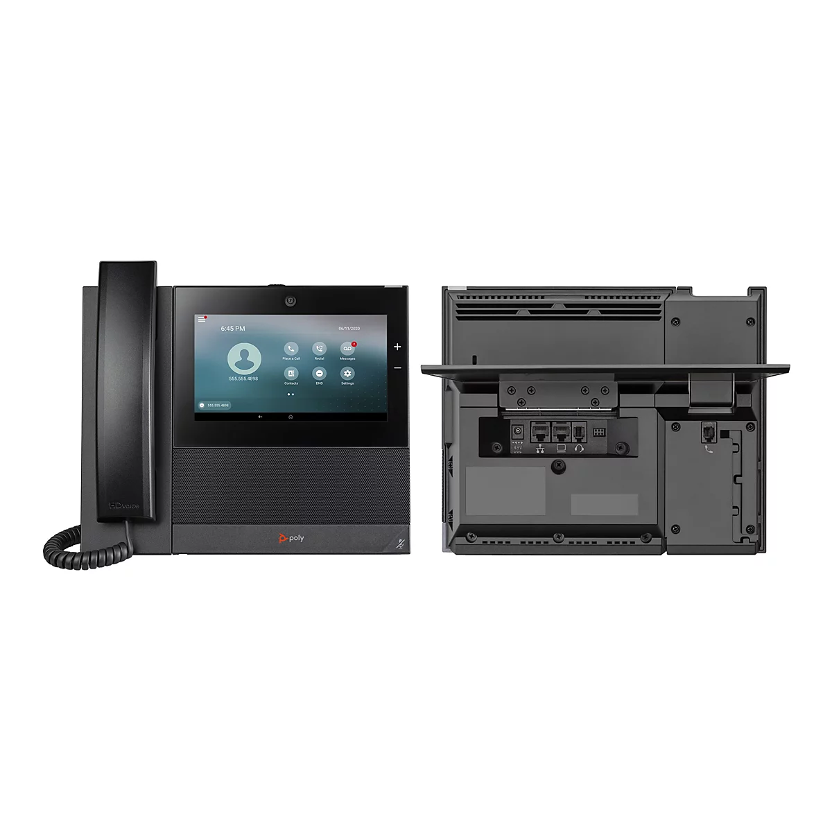 Schwarzes Poly-Telefon mit Touchscreen. Auf dem Display werden Uhrzeit, Datum und Menüoptionen angezeigt. Auf der Rückseite sind mehrere Anschlüsse.