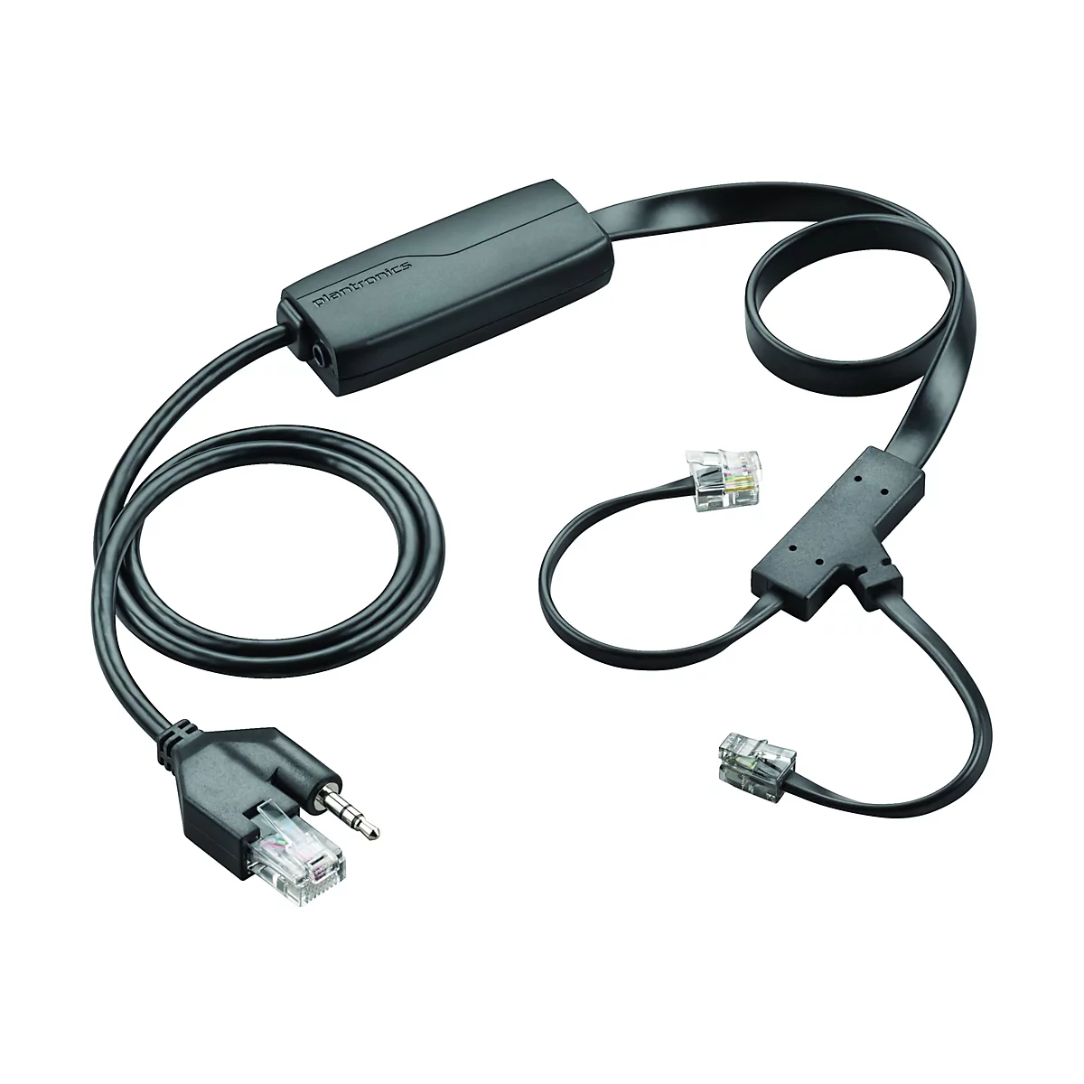 Câble noir Plantronics avec connecteurs, et une prise marquée "Plantronics".
