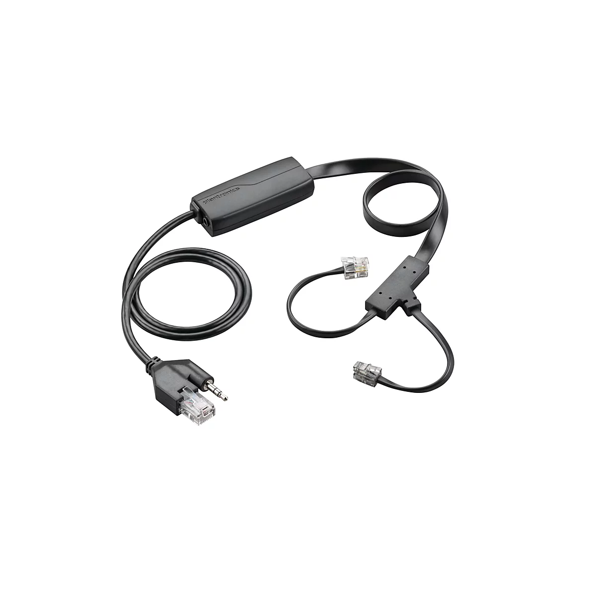 Un câble noir Plantronics avec un connecteur RJ9 et une prise jack 3,5 mm à une extrémité. Le câble a un répartiteur avec deux connecteurs RJ9.