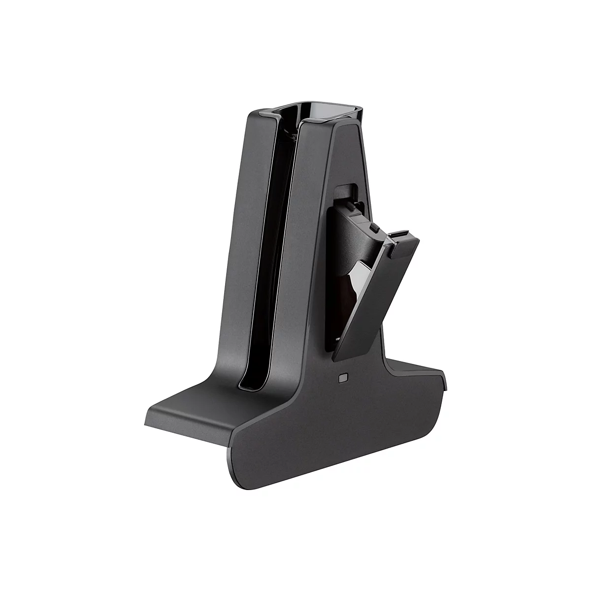 Ein schwarzes Ladegerät für einen Handstaubsauger. Das Gerät hat eine erhöhte Halterung mit einer Aussparung für den Staubsauger. Eine Klappe ist geöffnet.