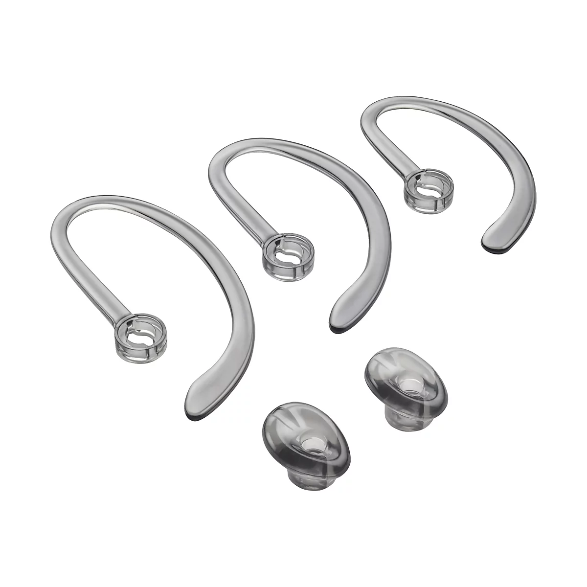 Draufsicht von drei Ohrbügeln und zwei Ohrstöpseln, transparentes Material, auf weißem Hintergrund.