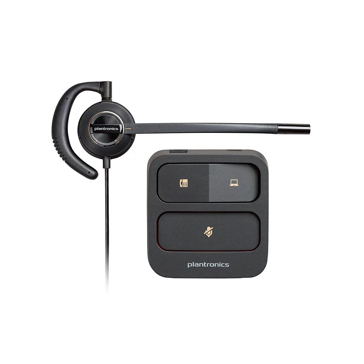 Schwarzes Plantronics-Headset mit Basisstation. Das Headset hat einen Ohrmuschelteil, einen Mikrofonarm und einen Kabelanschluss. Auf der Basisstation befinden sich Tasten und Symbole.