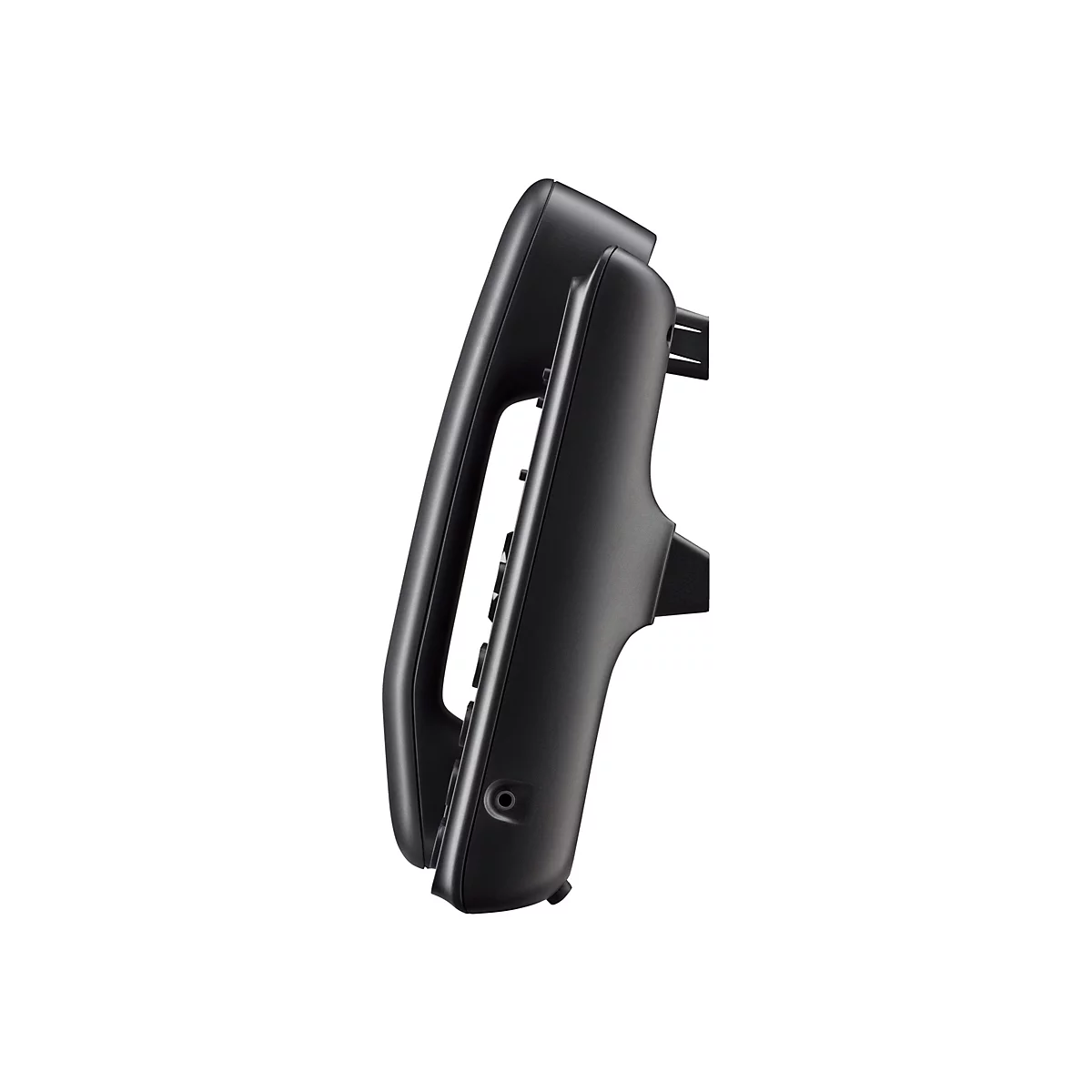 Ein schwarzes Telefon, teilweise im Profil, vor weißem Hintergrund. Der Hörer ist deutlich sichtbar.