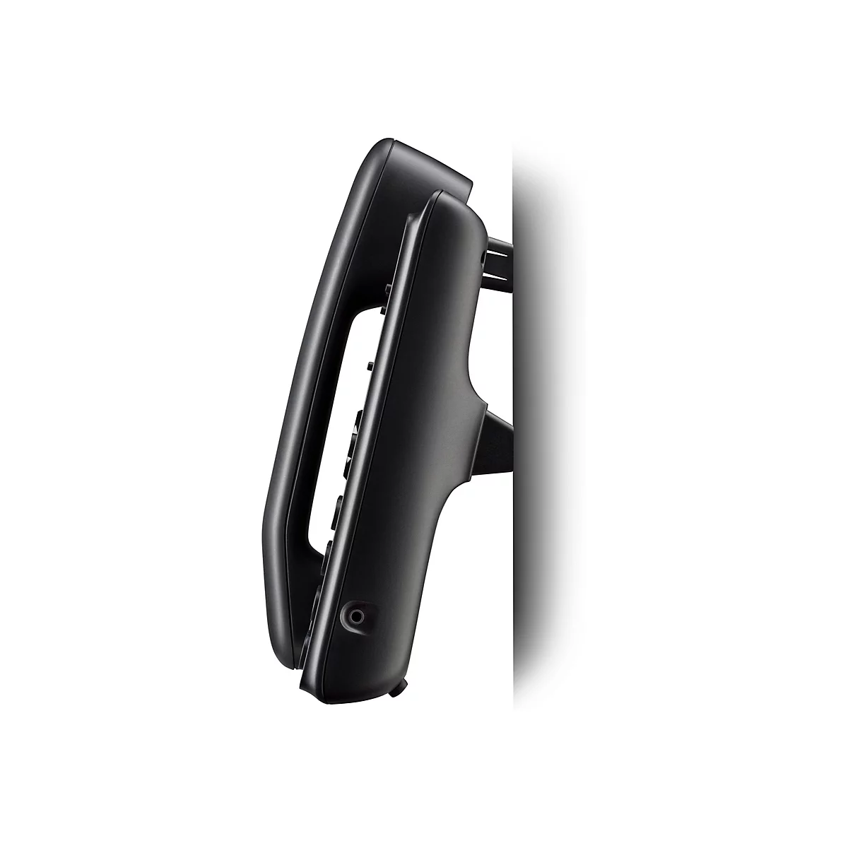 Schwarzes Telefon mit Hörer, Seitenansicht. Details: Tasten, Aufhängung und Hörer.