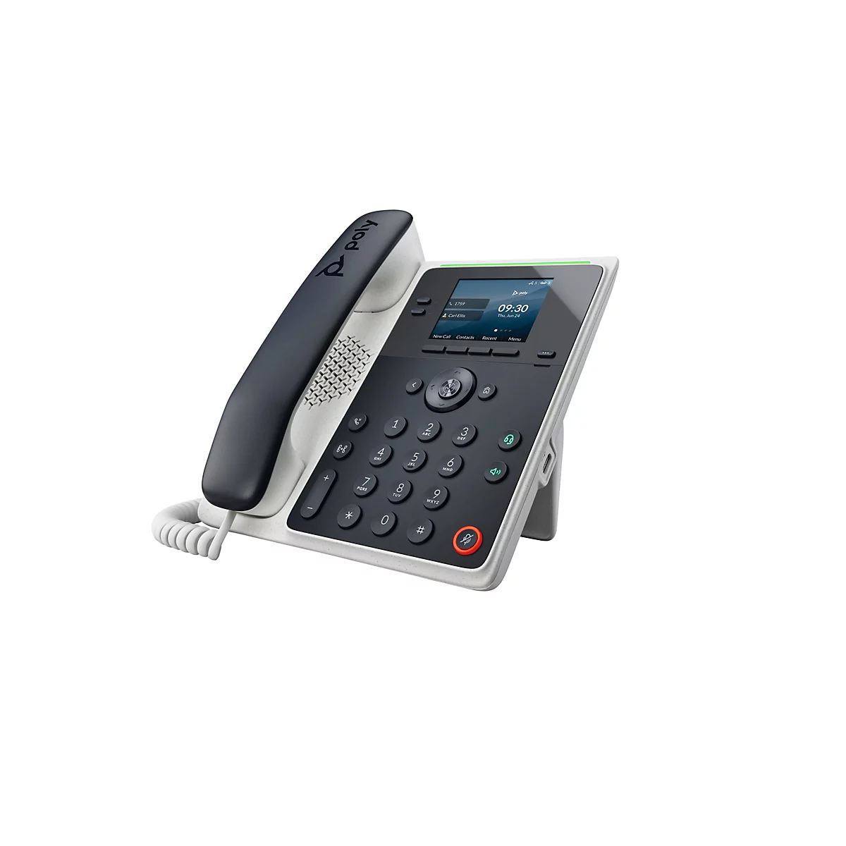 Ein graues Tischtelefon der Marke Poly, mit schwarzem Hörer und Zifferntasten. Auf dem Display sind Uhrzeit und Kontaktdaten zu sehen.