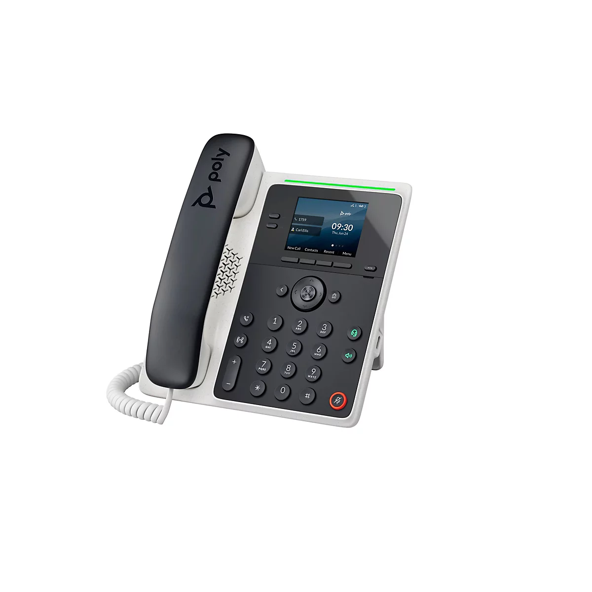 Ein modernes, weiß-schwarzes Poly-Festnetztelefon mit Display. Auf dem Display sind Uhrzeit, Datum und Gesprächsinformationen zu sehen.