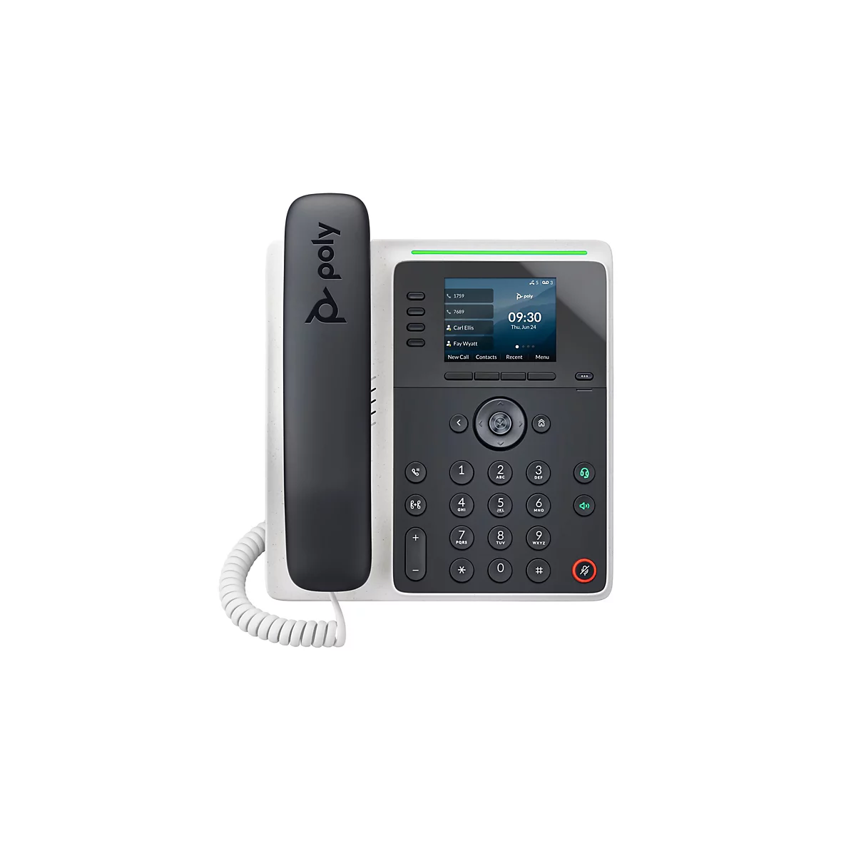 Festnetztelefon mit Display und Logo, grauer Hörer. Das Display zeigt Datum, Uhrzeit und Kontaktinformationen.