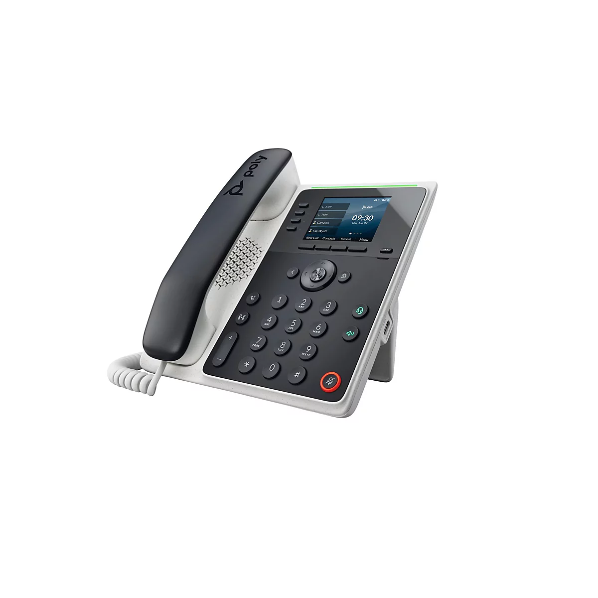 Festnetztelefon mit Display und Ziffernblock. Das Telefon ist schwarz und grau, mit einem grünen Balken über dem Bildschirm.