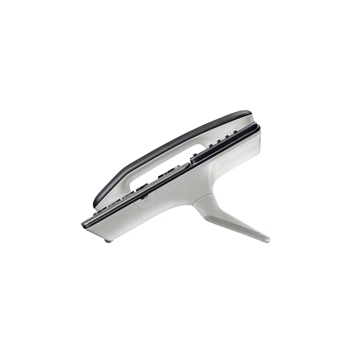 Ein graues, strukturiertes Bügeleisen auf weißem Hintergrund. Der Griff ist schwarz und ergonomisch geformt.