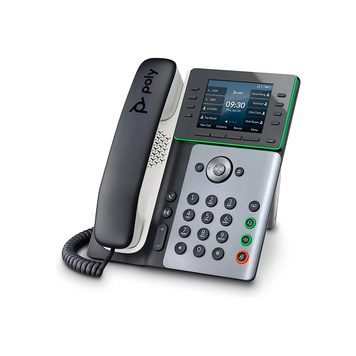 Ein graues Tischtelefon mit einem schwarzen Hörer und einem Farbbildschirm, der die Uhrzeit, Datum und Kontaktinformationen anzeigt.
