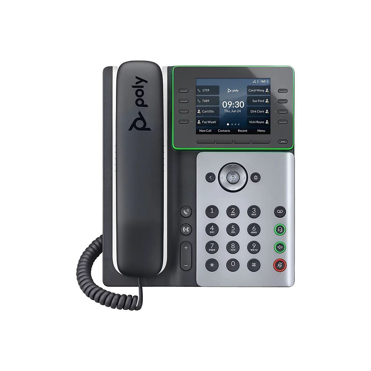 Ein graues Tischtelefon mit schwarzem Hörer und Display. Das Display zeigt Informationen wie Uhrzeit, Datum und Kontaktinformationen. Das Telefon hat Knöpfe zum Wählen und für verschiedene Funktionen.
