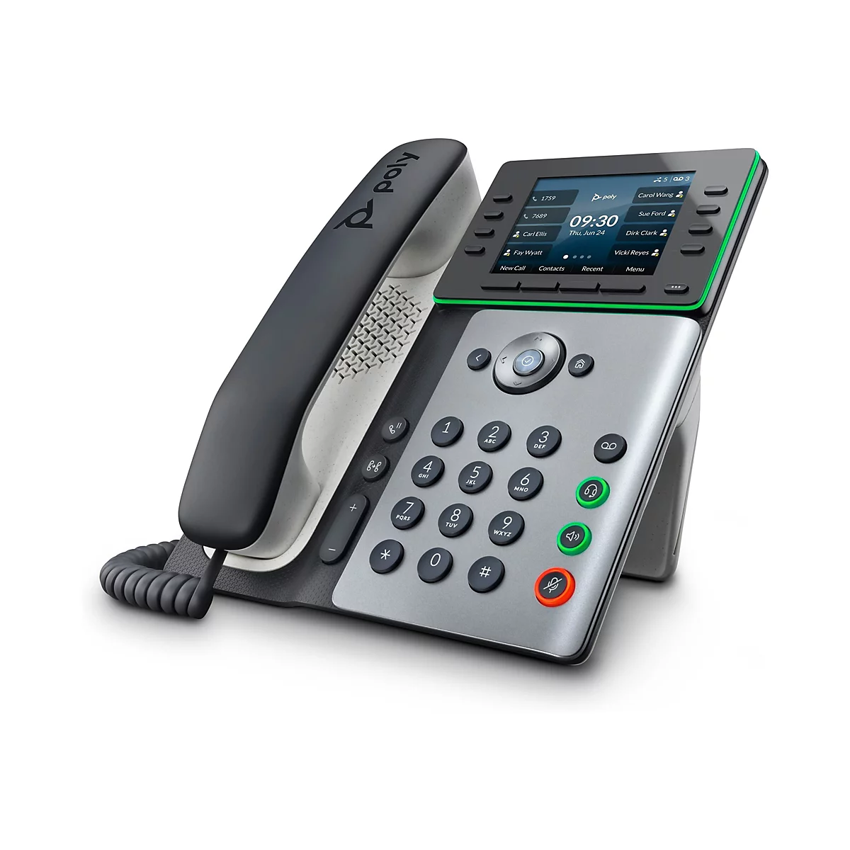 Ein graues Tischtelefon mit schwarzem Hörer und Display. Das Display zeigt Informationen wie Uhrzeit, Datum und Kontaktinformationen an. Auf dem Telefon befinden sich nummerierte Tasten, grüne und rote Tasten und ein Navigationskreuz.