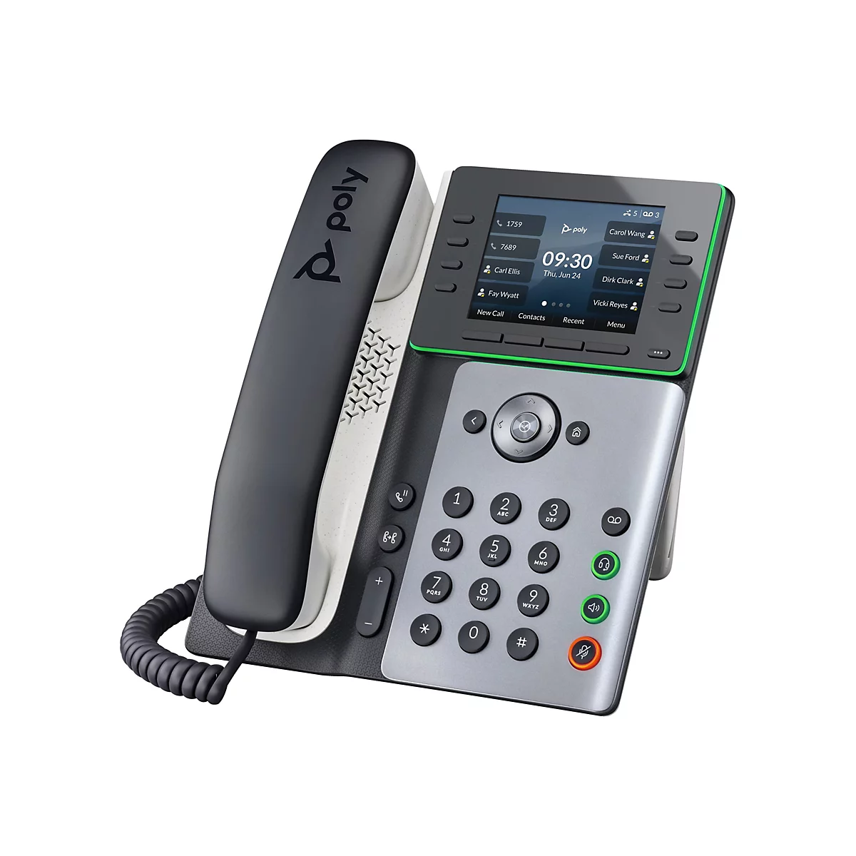 Ein graues Tischtelefon mit schwarzem Hörer und Display. Das Display zeigt Namen, Uhrzeit und Datum an. Die Tasten sind beschriftet.