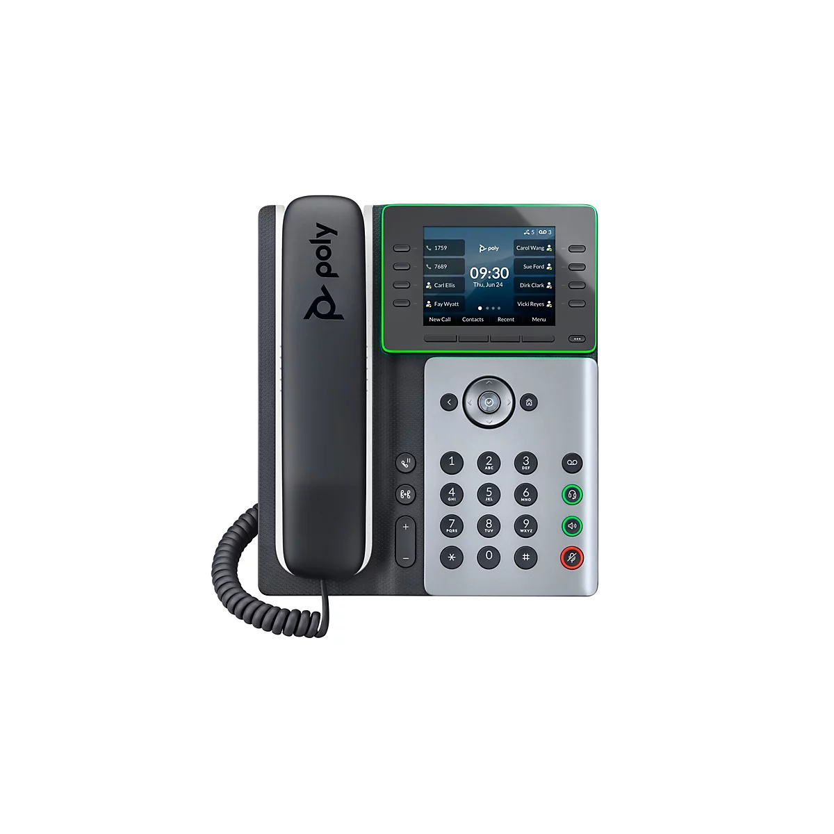 Festnetztelefon der Marke Poly, mit schwarzem Hörer und grauer Basis. Auf dem Display werden Informationen wie Uhrzeit, Datum und Kontakte angezeigt.