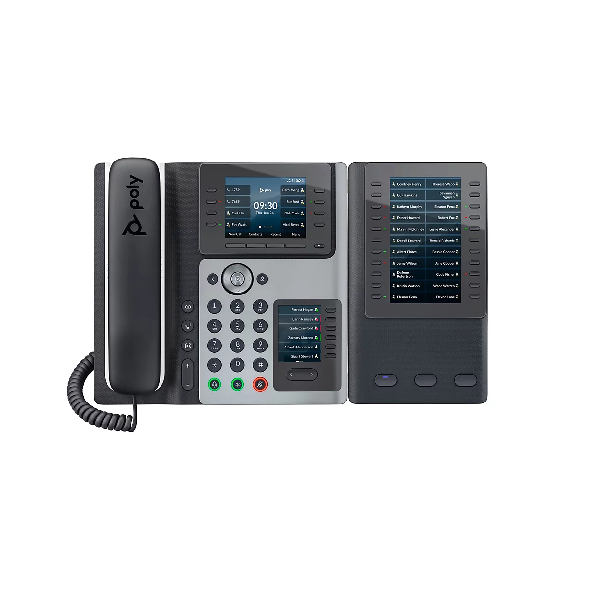 Ein schwarzes Festnetztelefon mit Display, Zifferntasten und zusätzlicher Nebenstelle. Auf dem Bildschirm sind Informationen zu Anrufen und Kontakten zu sehen.