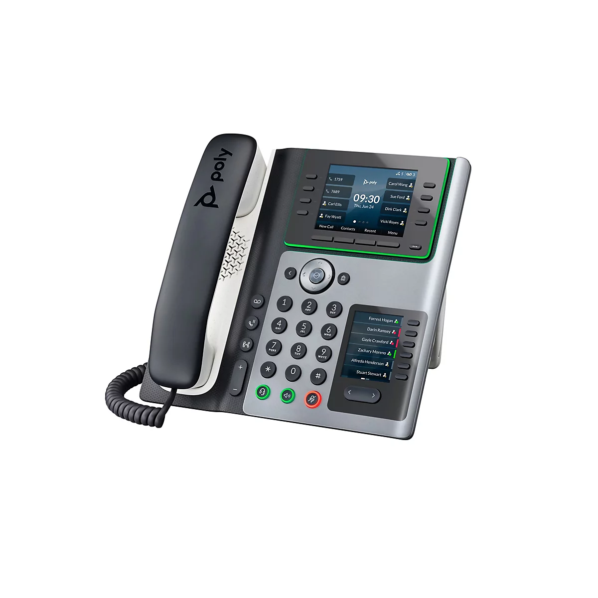 Ein graues Tischtelefon mit einem schwarzen Hörer. Auf dem Bildschirm werden Kontakte und Anrufinformationen angezeigt. Das Telefon hat viele Tasten und ein Poly-Logo.