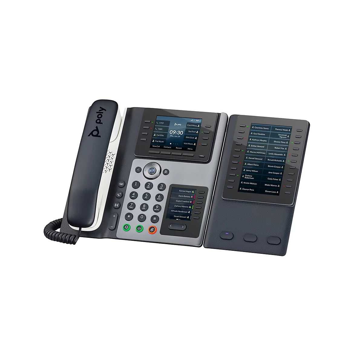 Ein graues Tischtelefon mit schwarzem Hörer und zusätzlichem Tastenfeld. Auf dem Display werden Uhrzeit, Datum und Kontaktinformationen angezeigt.