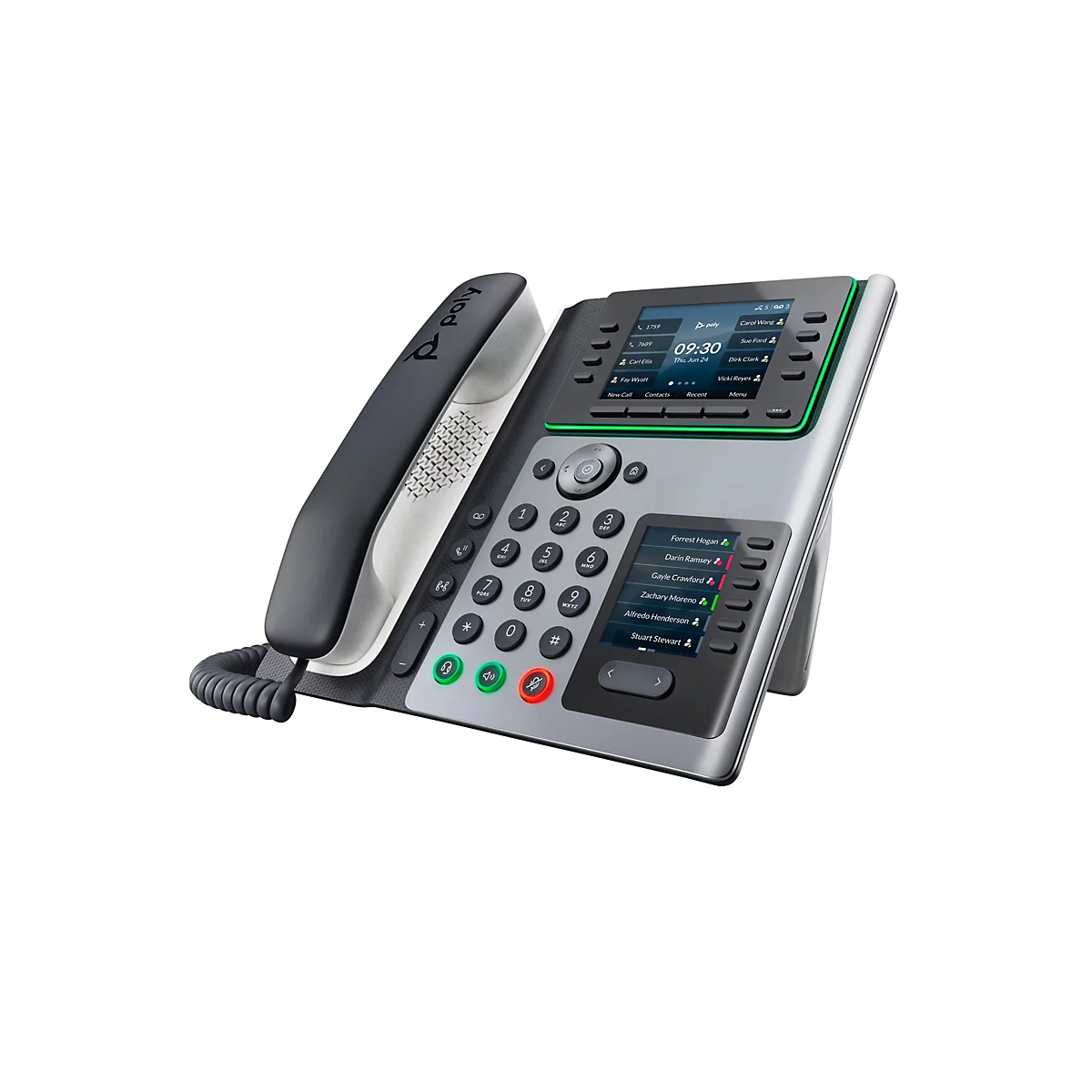 Ein graues Tischtelefon mit Display und grün umrandeten Elementen. Es zeigt Uhrzeit, Kontakte und Anrufdetails. Der Hörer ist schwarz und weiß.