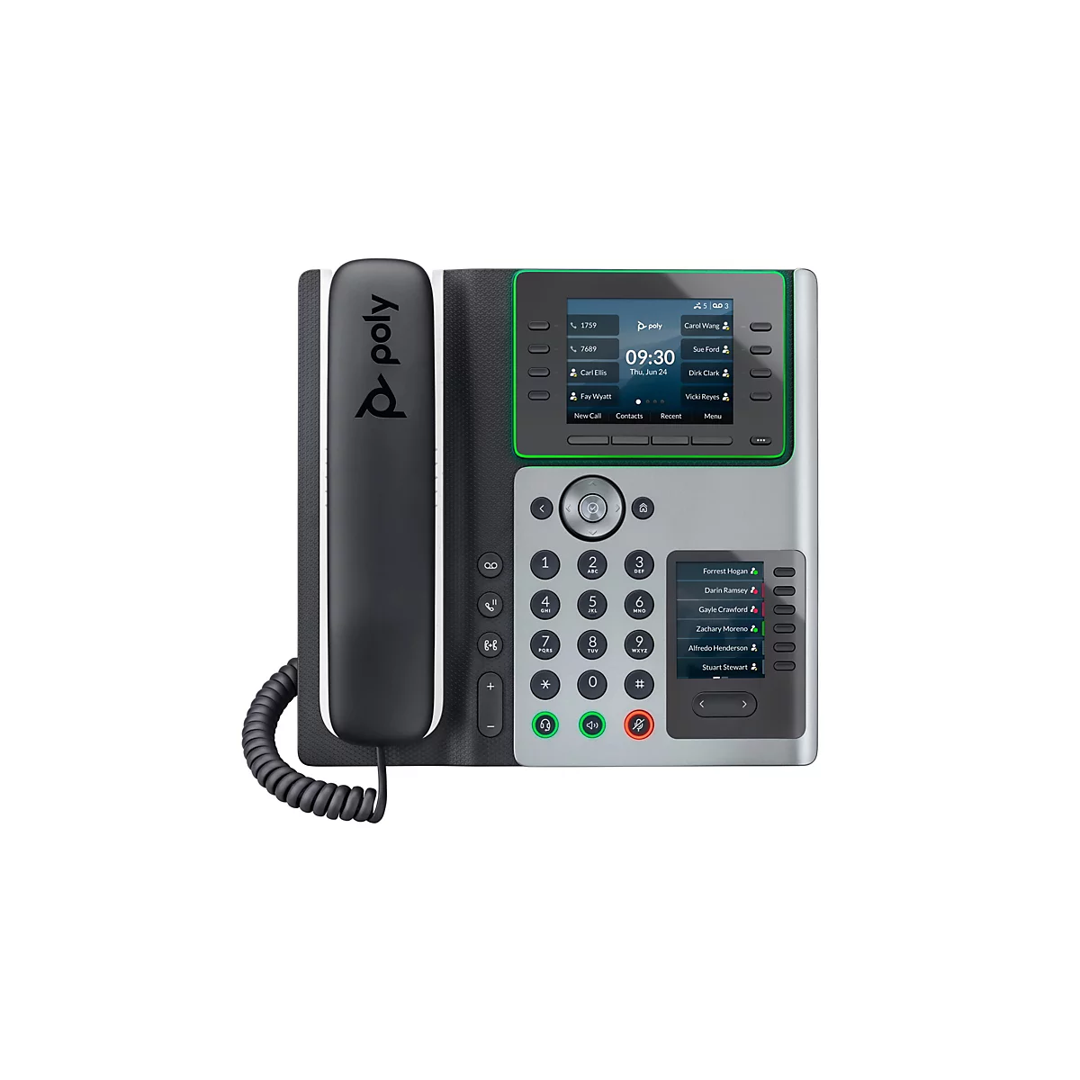 Ein graues Tischtelefon der Marke Poly, mit schwarzem Hörer und Bedienfeld. Auf dem Display werden Informationen zu Anrufen angezeigt.