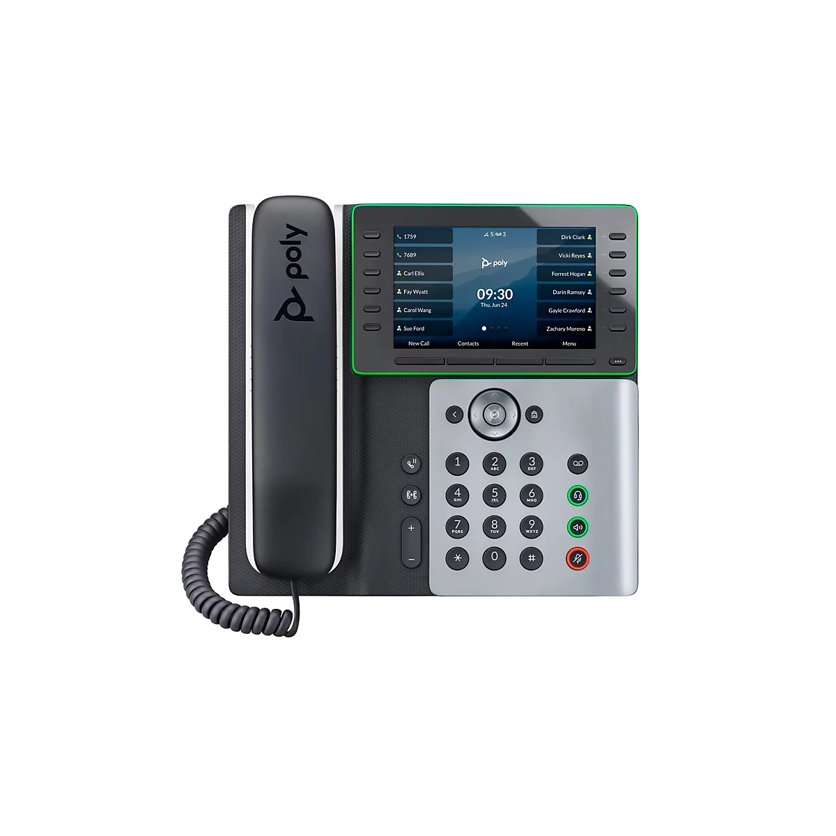 Festnetztelefon mit Display und grün umrandetem Bildschirm. Schwarzes Hörerteil mit Poly-Logo. Auf dem Display werden Kontaktdaten und eine Uhrzeit angezeigt.