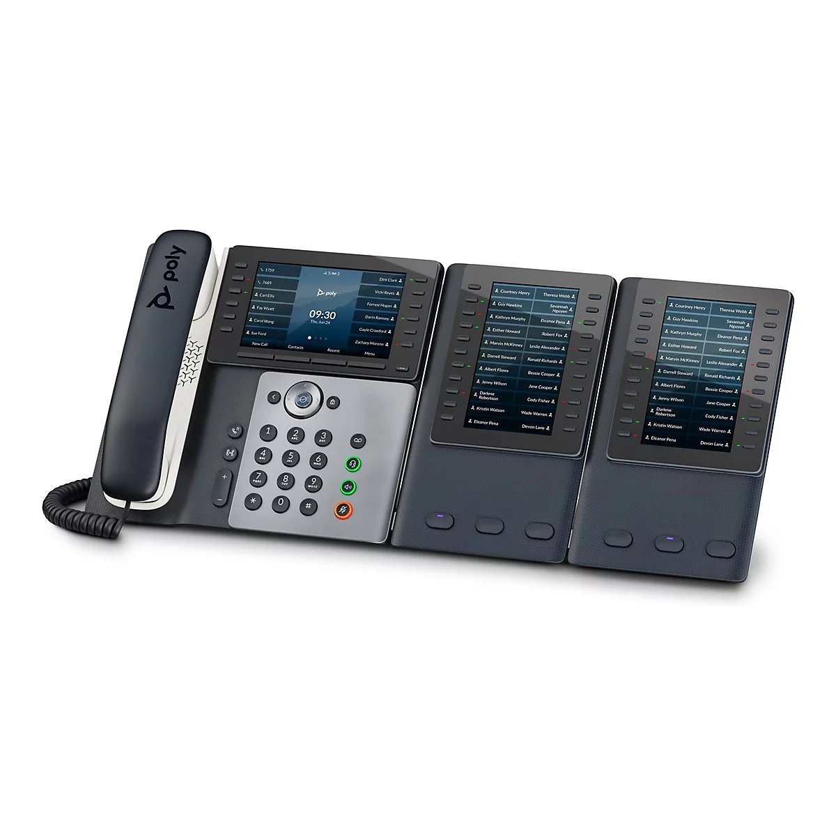 Ein schwarzes Telefon mit abgerundeten Ecken und drei zusätzlichen Bildschirmen, die an der Basis befestigt sind. Auf dem zentralen Bildschirm werden Uhrzeit, Datum und Menüpunkte angezeigt. Auf den anderen Bildschirmen werden Kontaktlisten angezeigt.