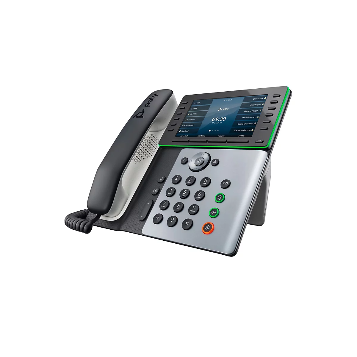 Ein graues Tischtelefon mit einem schwarzen Hörer und einem rechteckigen Touchscreen-Display mit grüner Umrandung. Auf dem Display werden Kontaktinformationen angezeigt. Unterhalb des Displays befindet sich eine graue Tastatur mit schwarzen Tasten.