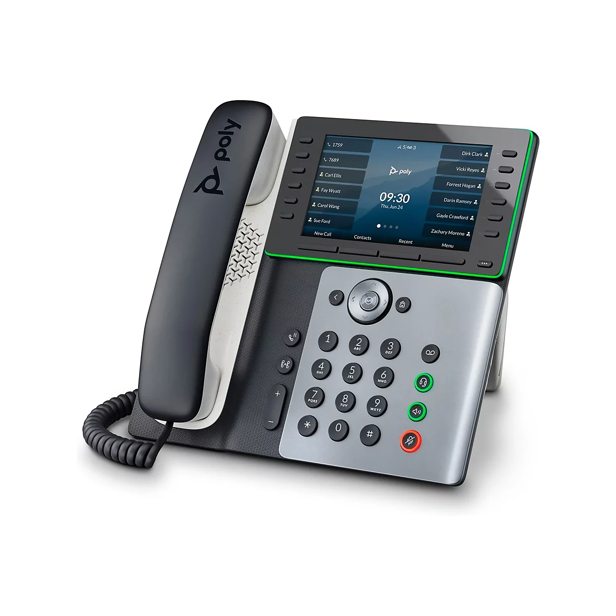 Ein graues Tischtelefon mit Display und grün umrandeten Elementen. Auf dem Display werden Kontakte, Uhrzeit und Datum angezeigt.