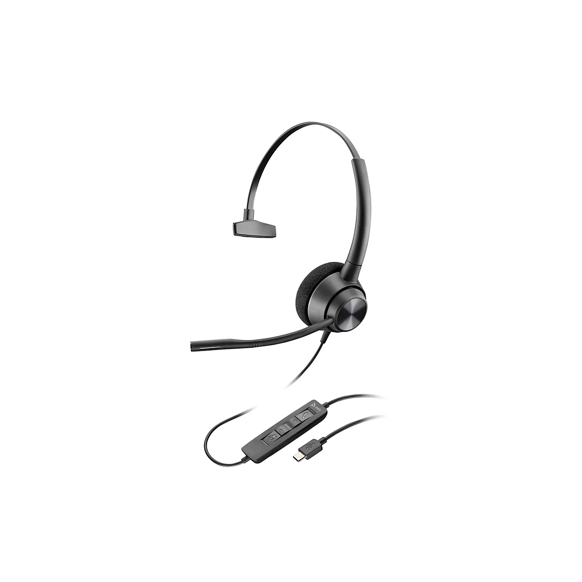 Schwarzes Headset mit Mikrofon. Ein gepolsterter Ohrhörer, Bügel und Mikrofon sind zu sehen, sowie eine Steuerung mit verschiedenen Tasten und ein USB-C-Anschluss.