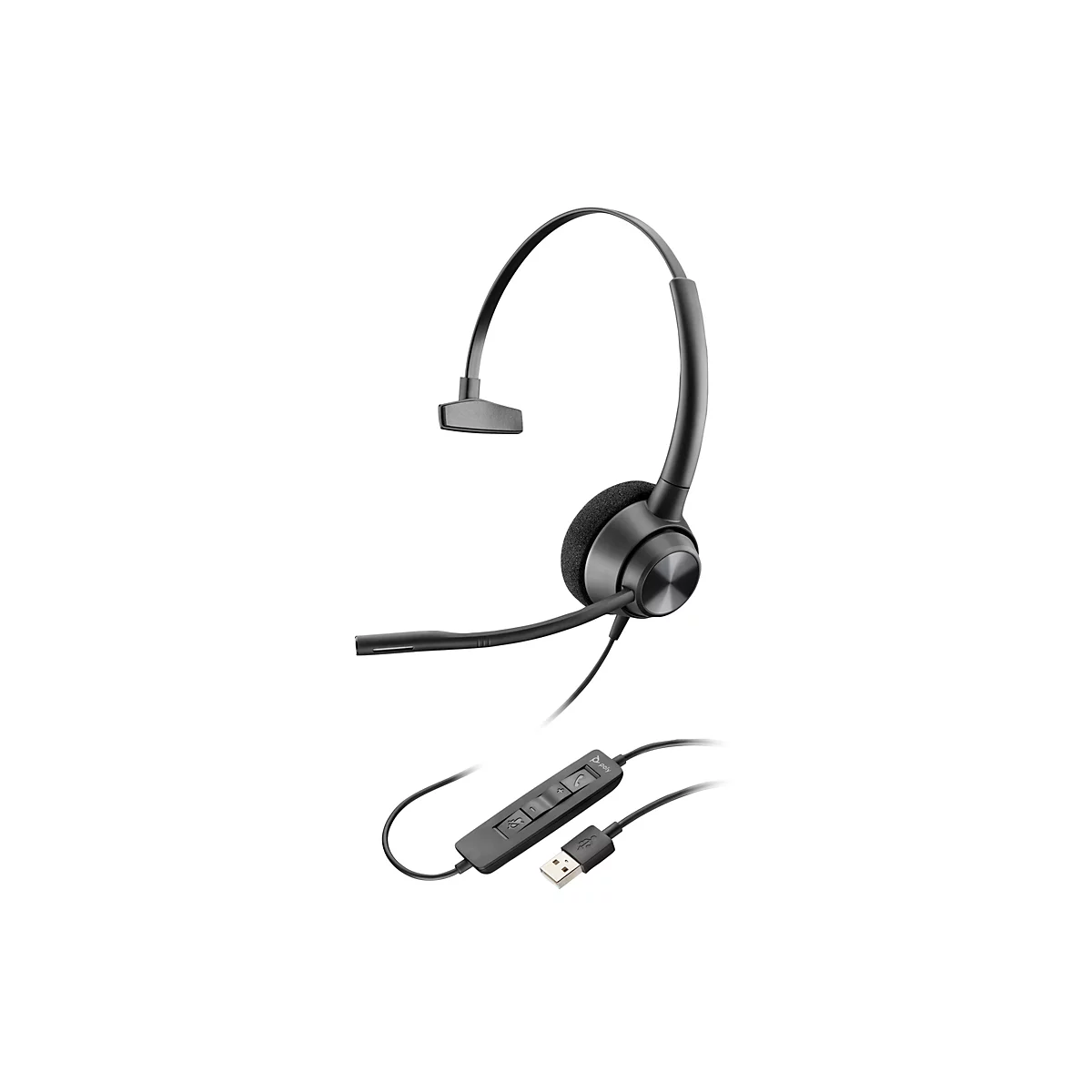 Schwarzes Headset mit Mikrofon. Mikrofon, Lautstärke- und Stummschaltungstasten, USB-Anschluss.