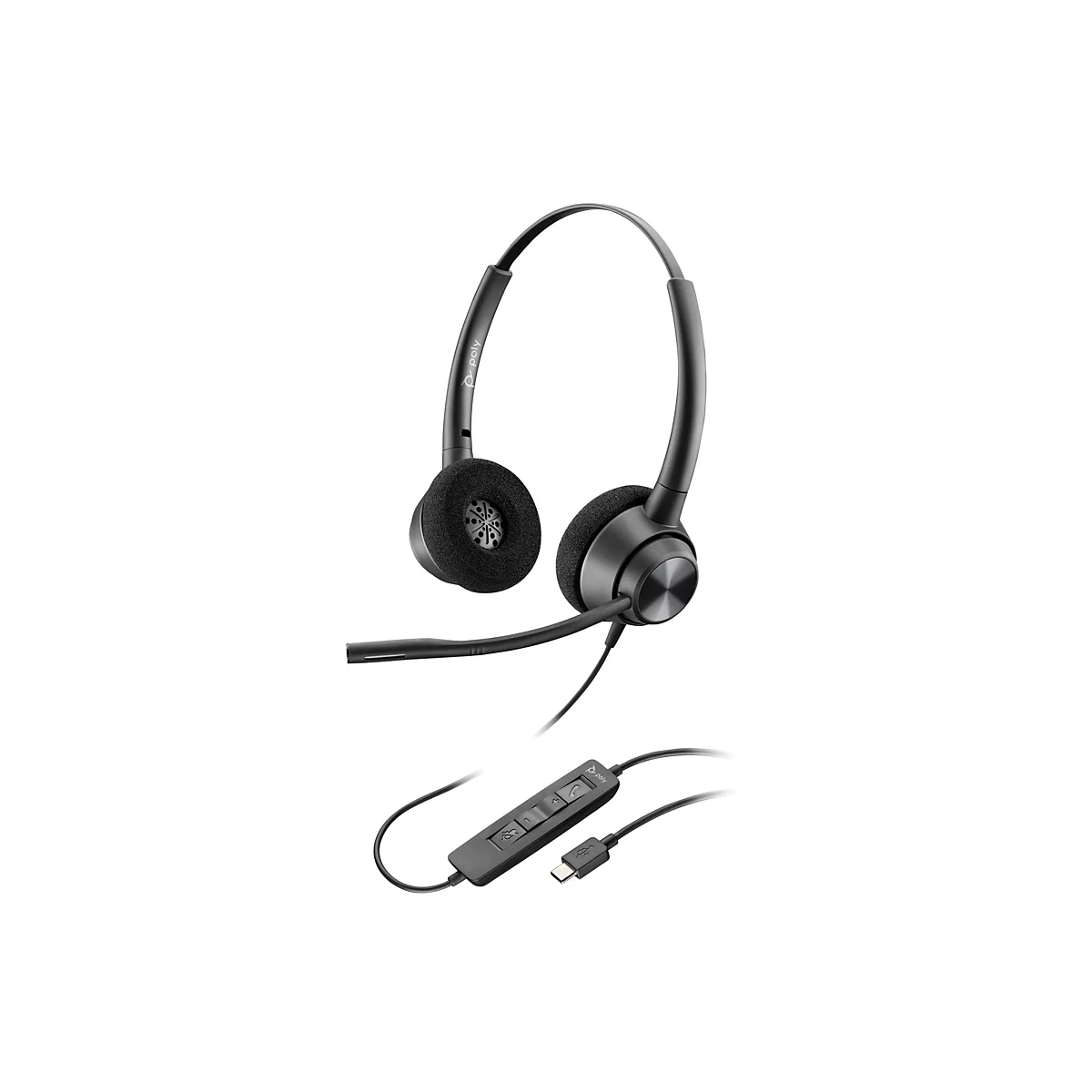 Ein schwarzes Headset mit Mikrofon und Kabel, das an eine Fernbedienung mit Knöpfen und einem USB-C-Stecker angeschlossen ist. Auf weißem Hintergrund.