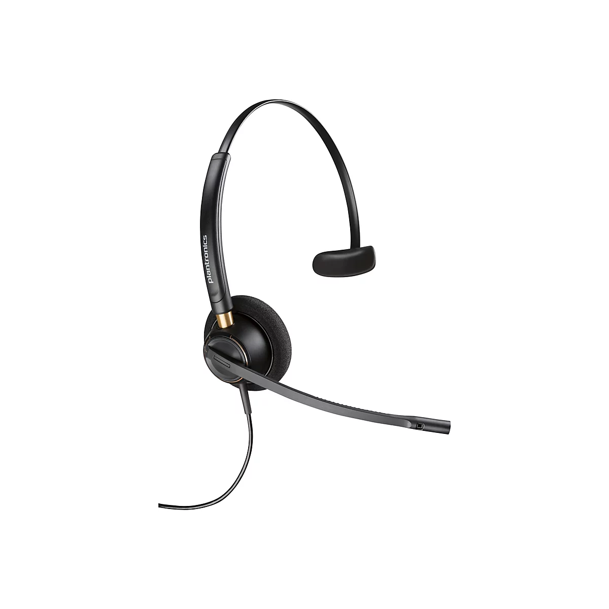 Ein schwarzes Headset mit Mikrofon auf weißem Hintergrund. Der Bügel trägt den Schriftzug "plantronics".
