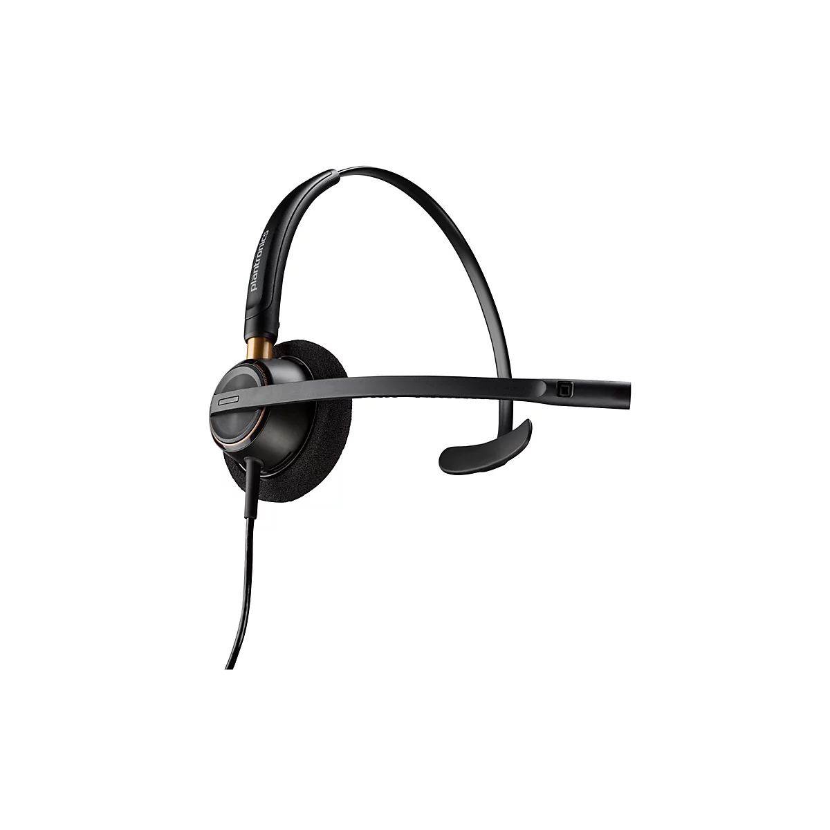 Ein schwarzes Headset mit Mikrofon auf weißem Hintergrund, mit silbernen und kupferfarbenen Akzenten und dem Plantronics-Logo.