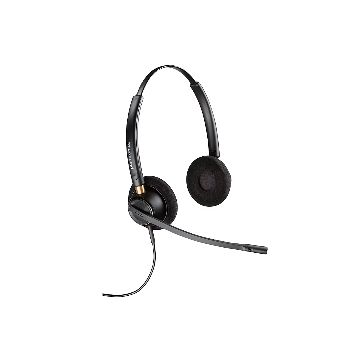 Schwarzes Plantronics-Headset mit Ohrpolstern, Mikrofon und Kabel vor weißem Hintergrund.