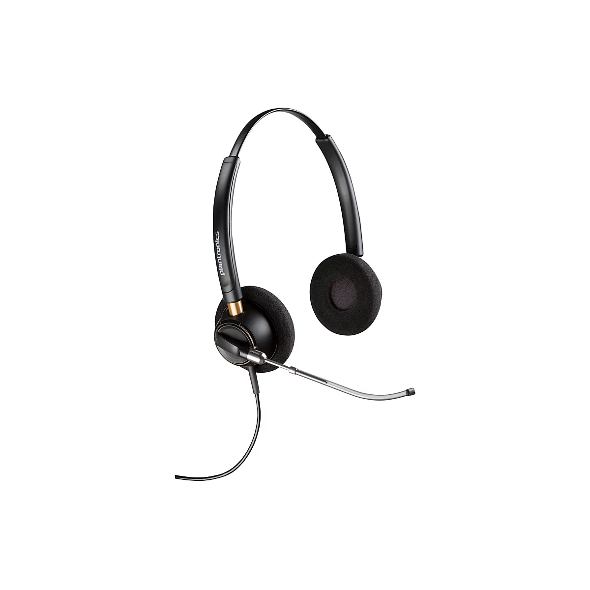 Schwarzes Plantronics Headset mit Kopfbügel, zwei Ohrmuscheln und schwenkbarem Mikrofonarm vor weißem Hintergrund.