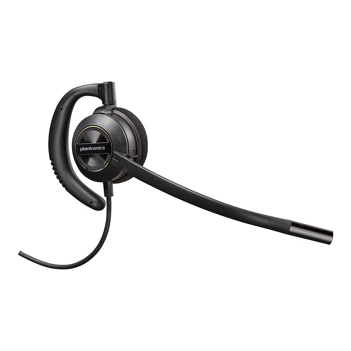 Schwarzes Plantronics Headset für ein Ohr mit langem Mikrofonarm vor weißem Hintergrund.