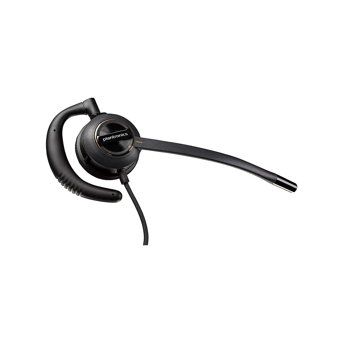 Schwarzes Plantronics-Ohrbügel-Headset mit Mikrofonarm und Kabel vor weißem Hintergrund.
