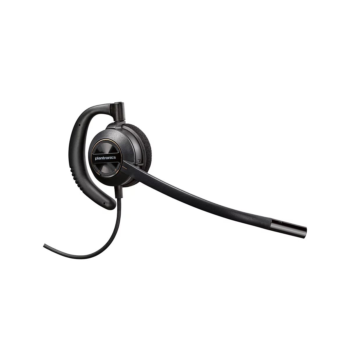 Schwarzes Plantronics-Ein-Ohr-Headset mit Ohrbügel und Mikrofonarm vor weißem Hintergrund.