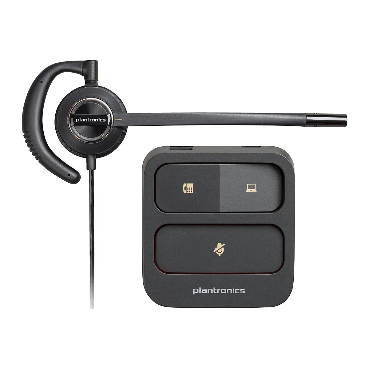 Schwarzes Plantronics Headset mit Ladestation und Bedientasten für Telefon, PC und Stummschaltung.
