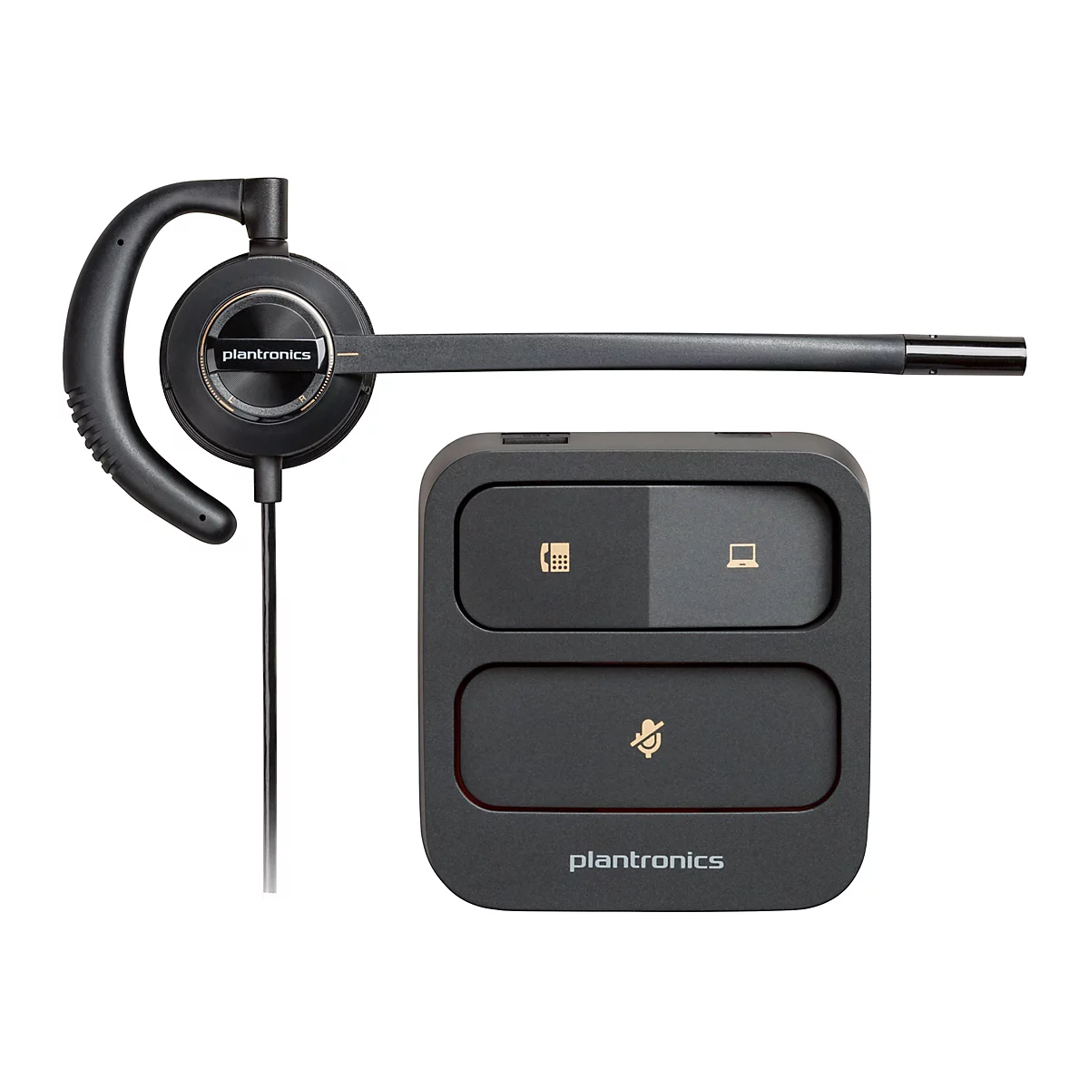 Ein schwarzes Headset von Plantronics mit Mikrofon und Basisstation, vor weißem Hintergrund. Die Basisstation hat mehrere Tasten mit Symbolen.