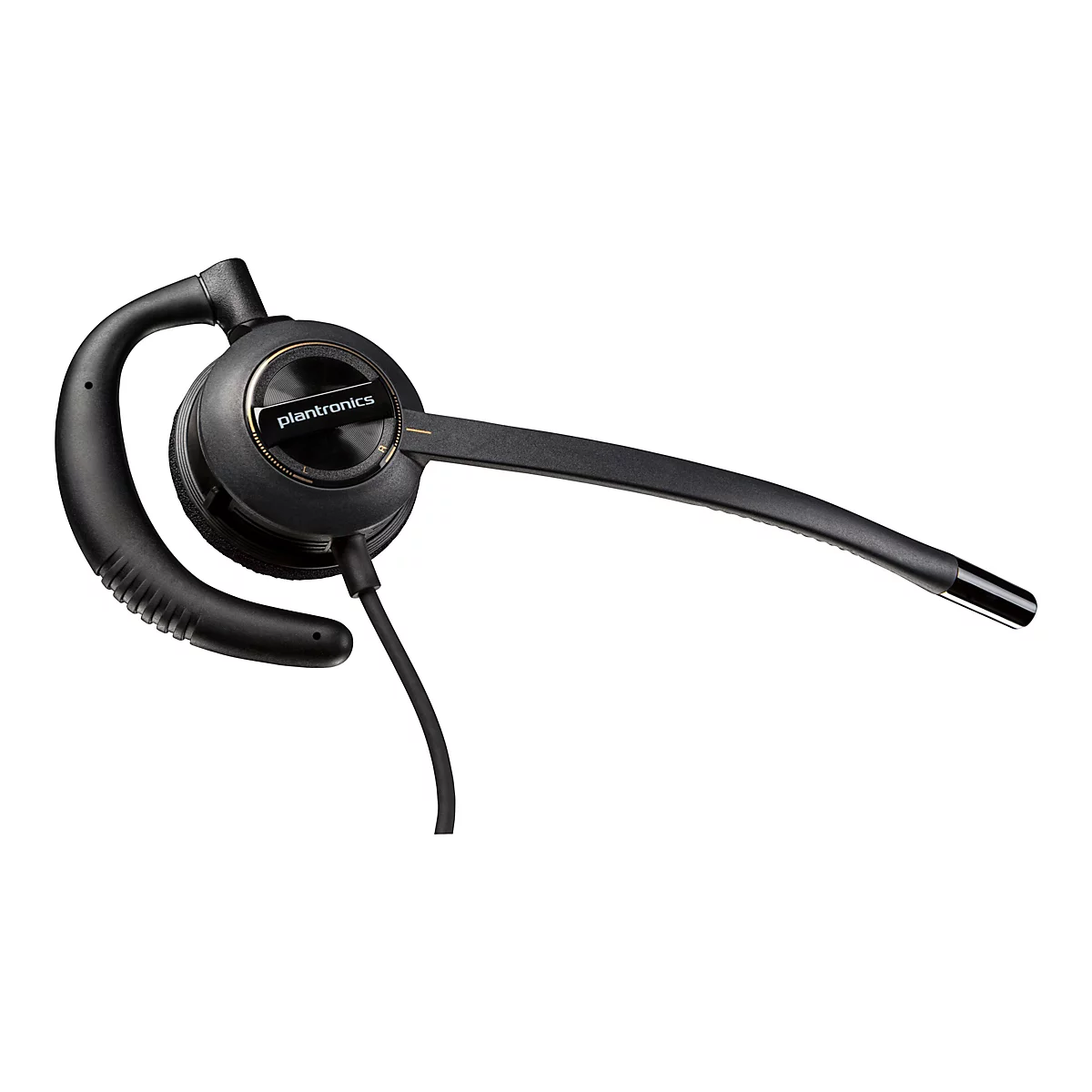 Schwarzes Plantronics-Headset mit Mikrofon auf weißem Hintergrund.