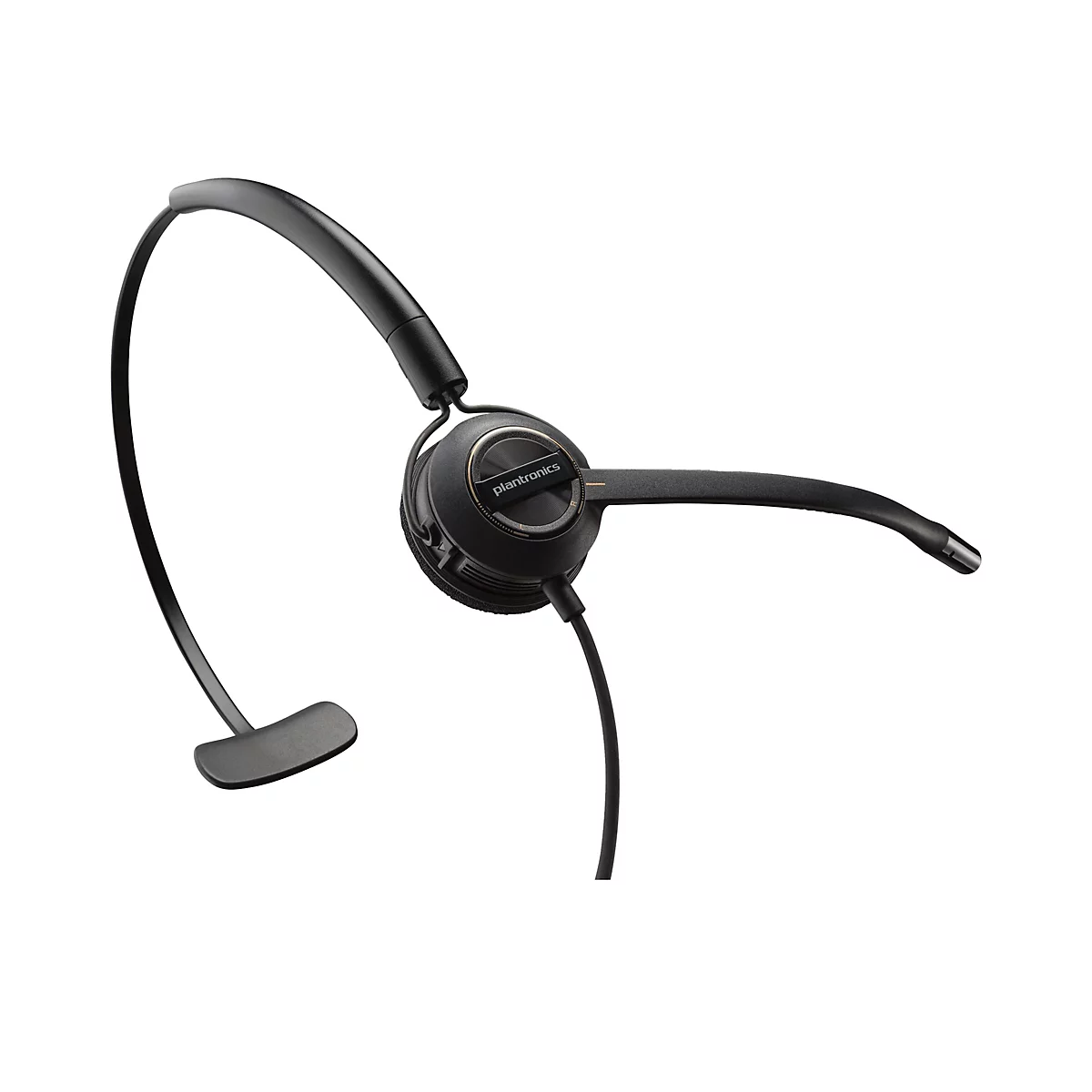 Schwarzes Plantronics-Headset mit einseitigem Ohrhörer und Mikrofonarm vor weißem Hintergrund.