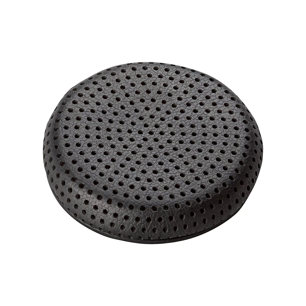 Schwarzes kreisförmiges Kopfhörerpolster mit Löchern vor weißem Hintergrund.